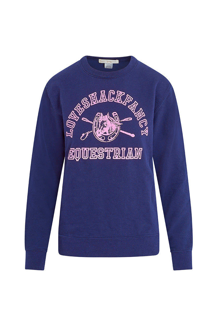 Navy crewneck sweatshirt with pink equestrian graphic print, long sleeves