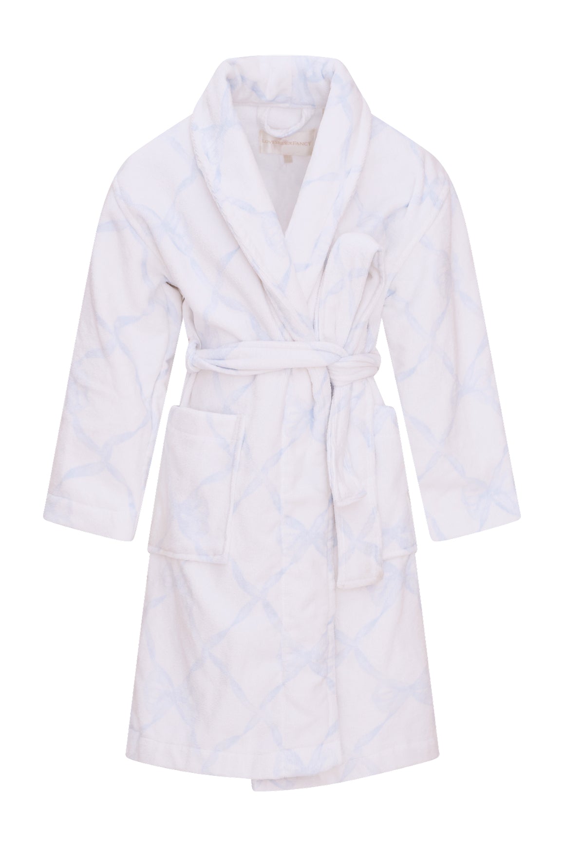 Kids cotton bath robe, light blue diamond quilting, hood and belt tie