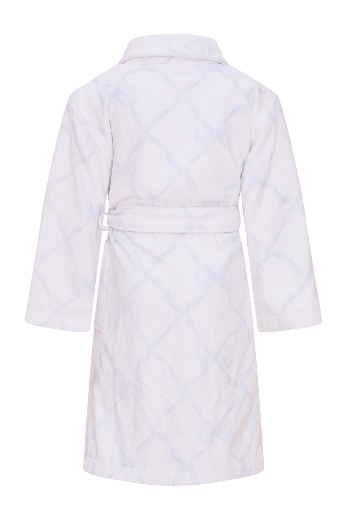 Kids cotton bath robe, light blue diamond quilting, back view with belt tie