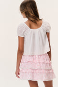Tween tiered ruffle floral skirt in pink and white layers, back view