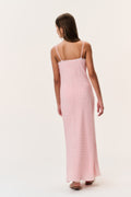 Tween floral crepe dress in light pink, back view with thin spaghetti straps and long hem