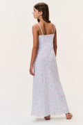 Tween floral crepe dress in pale periwinkle, back view with thin straps and maxi length