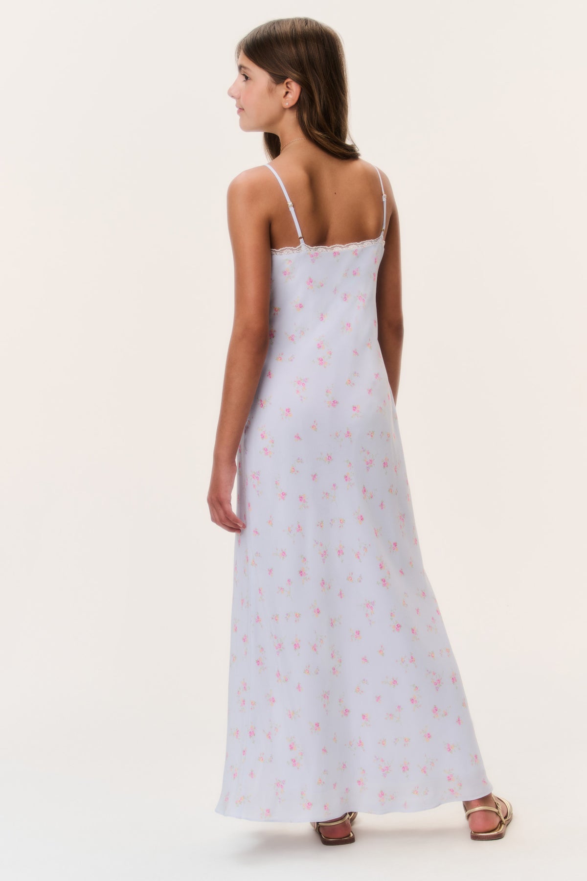Tween floral crepe dress in pale periwinkle, back view with thin straps and maxi length