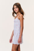 Tween light blue floral jersey slip dress, thin straps, scalloped hem detail
