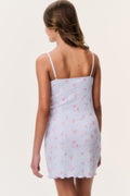 Tween light blue floral jersey slip dress, spaghetti straps, back view