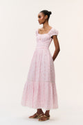 Pink floral cotton maxi dress with ruched smocked bodice and puff sleeves