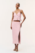 Pink crepe midi skirt with front slit and tiny allover print