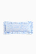 Blue toile ruffle lumbar pillow with gathered ruffled edge