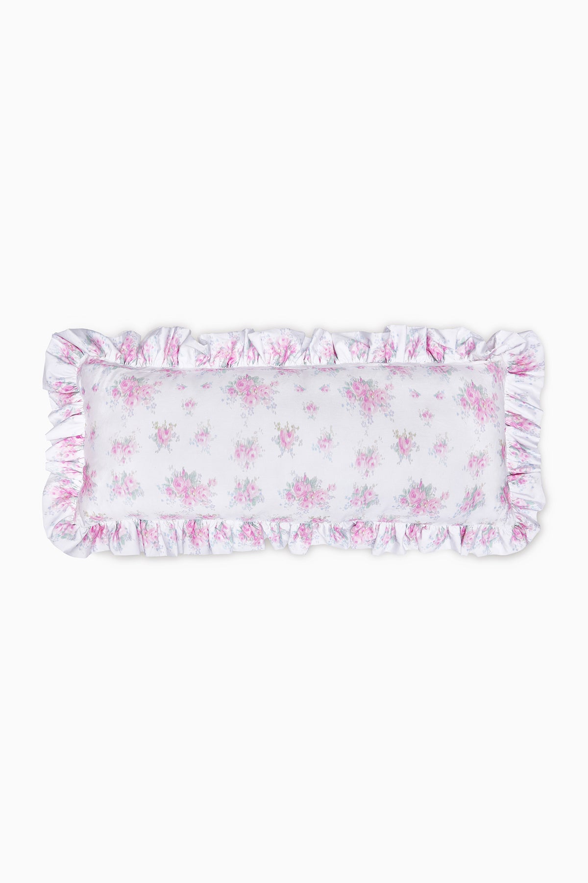 Blush pink ruffled lumbar pillow with floral print and frilled border