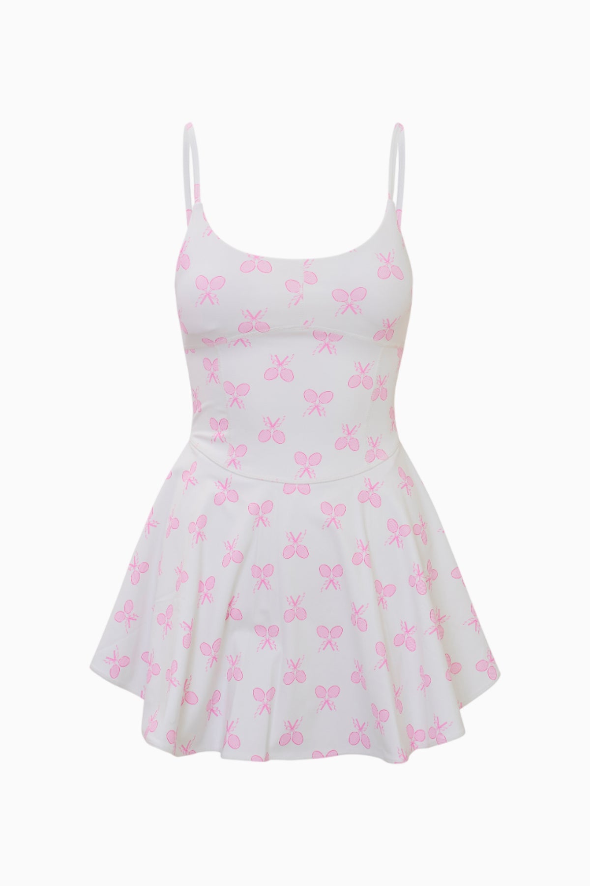 Pink bow-printed active dress with spaghetti straps and skater skirt