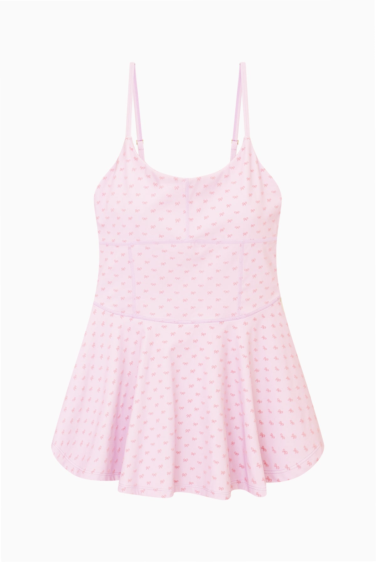 Pink spaghetti-strap active dress with allover bow print and tiered skirt
