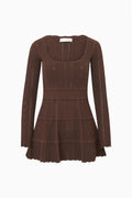 Dark brown pointelle mini dress, long sleeves and tiered ruffle skirt, back view.