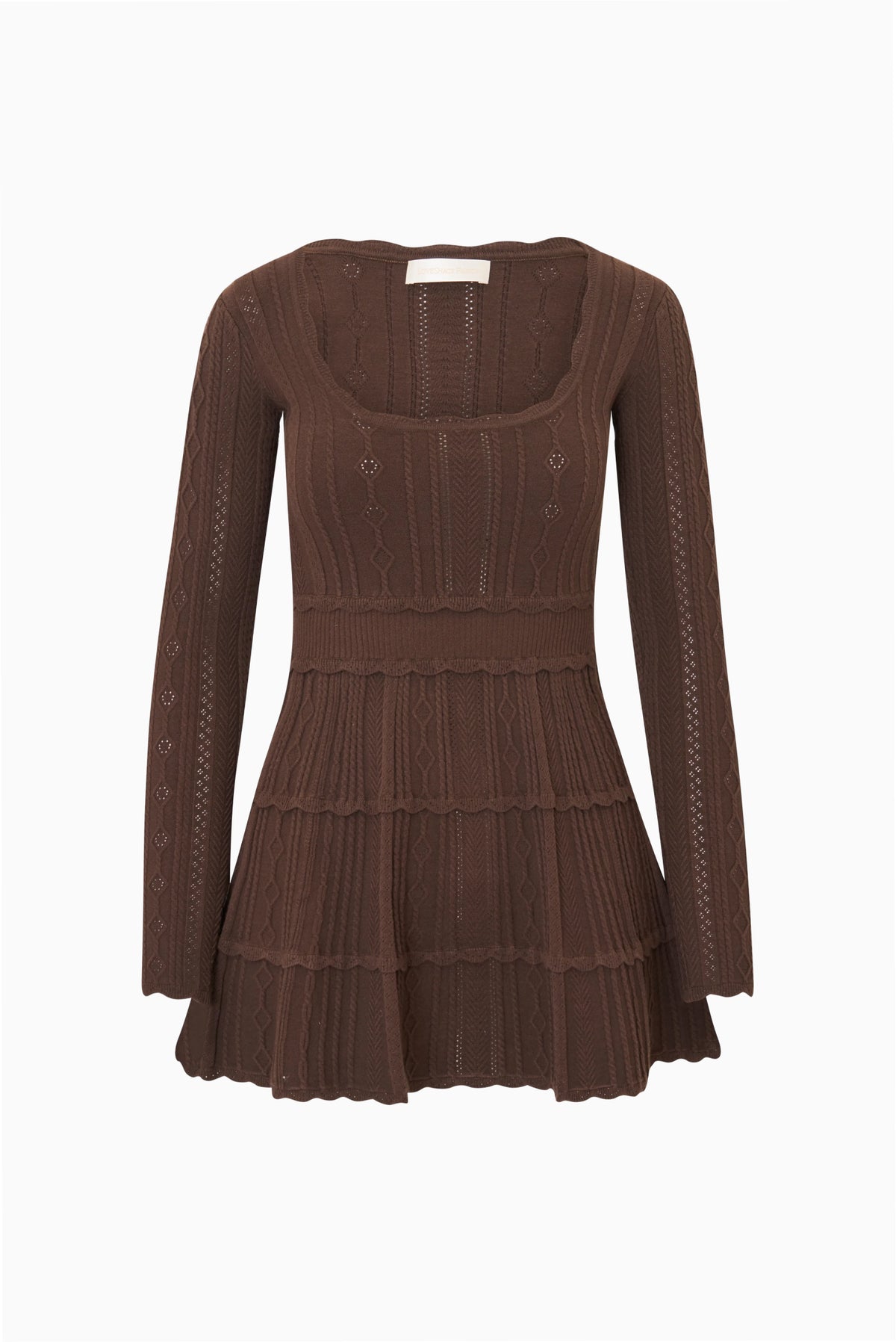 Dark brown pointelle mini dress, long sleeves and tiered ruffle skirt, back view.