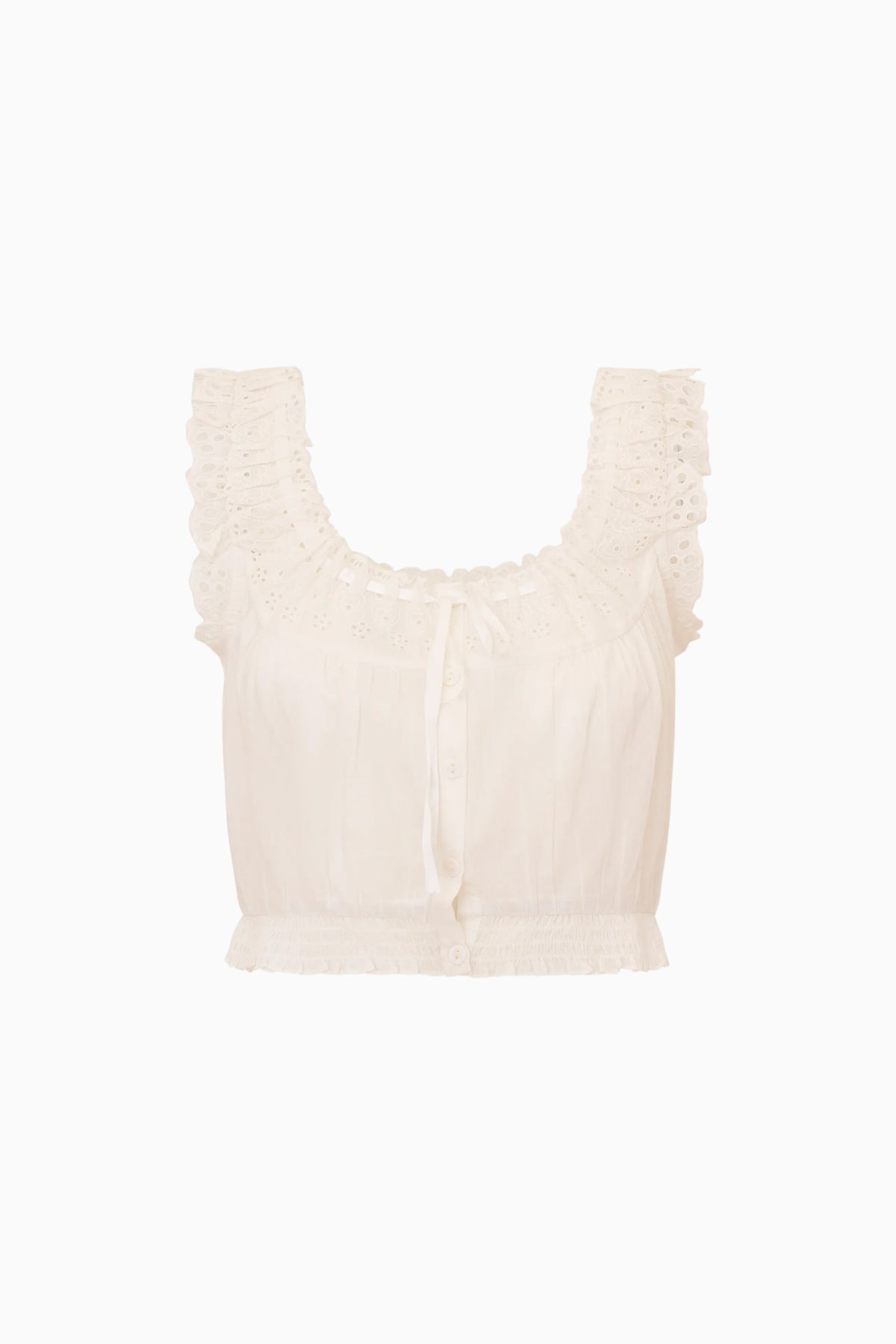 White eyelet crop top with ruffled square neckline, short sleeves, and button front