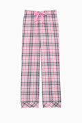 Pink plaid pajama pants with drawstring waist, straight leg, and pocket detail