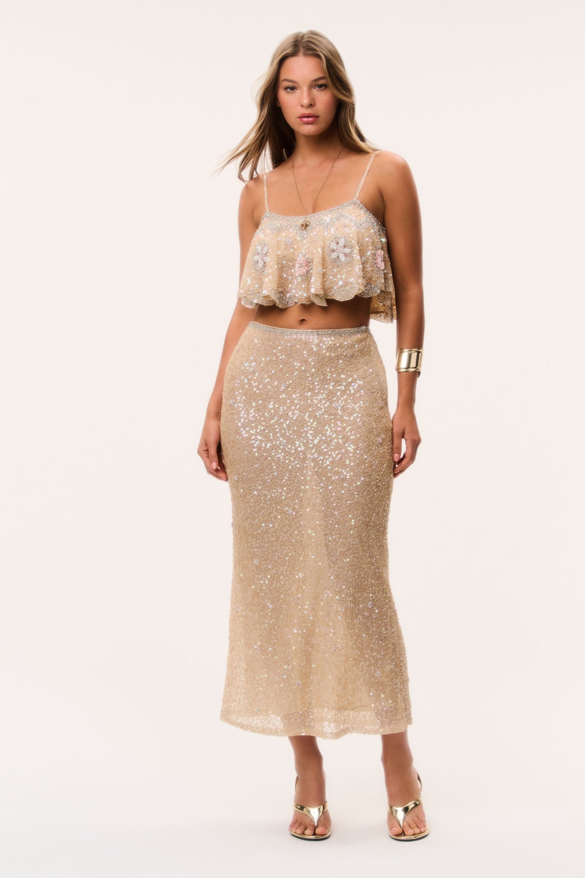 Sunlit sand sequin maxi skirt, fitted silhouette with all-over shimmer