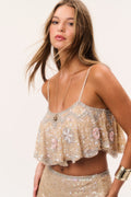 Sequin crop top with thin spaghetti straps and beaded ruffle hem, sunlit sand