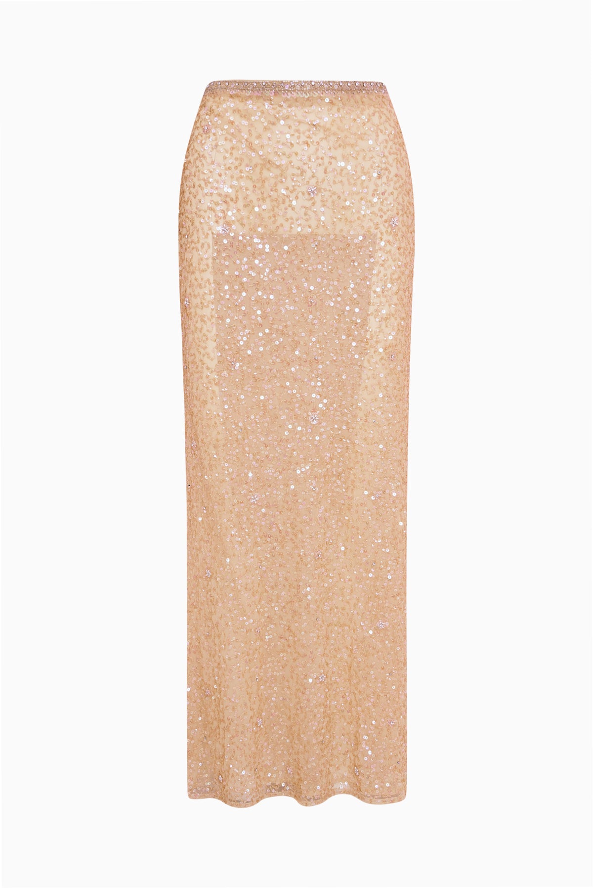 Sand sequin maxi skirt, straight ankle-length hem, full coverage sparkle