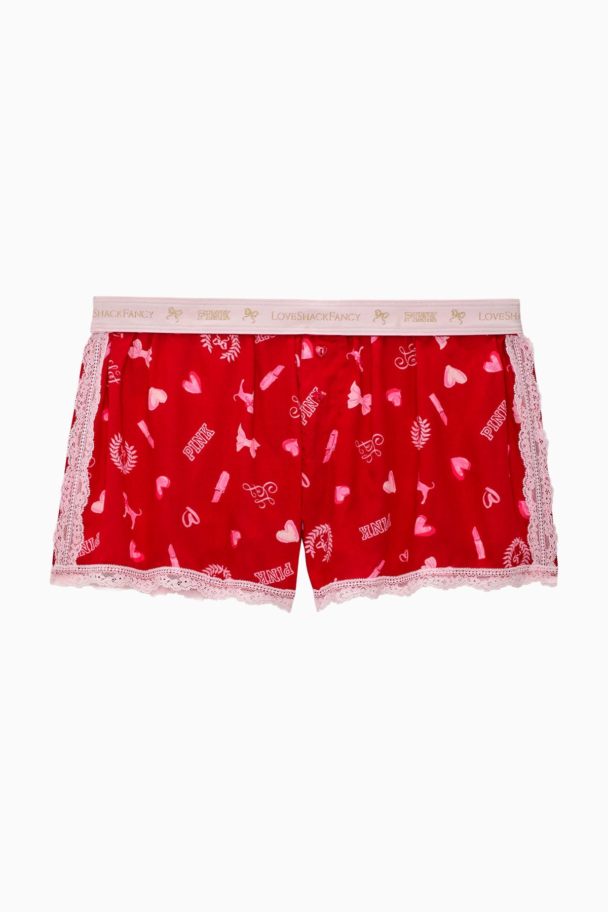 Red icon-print boxy shorts with lace-trim hem and elastic waist