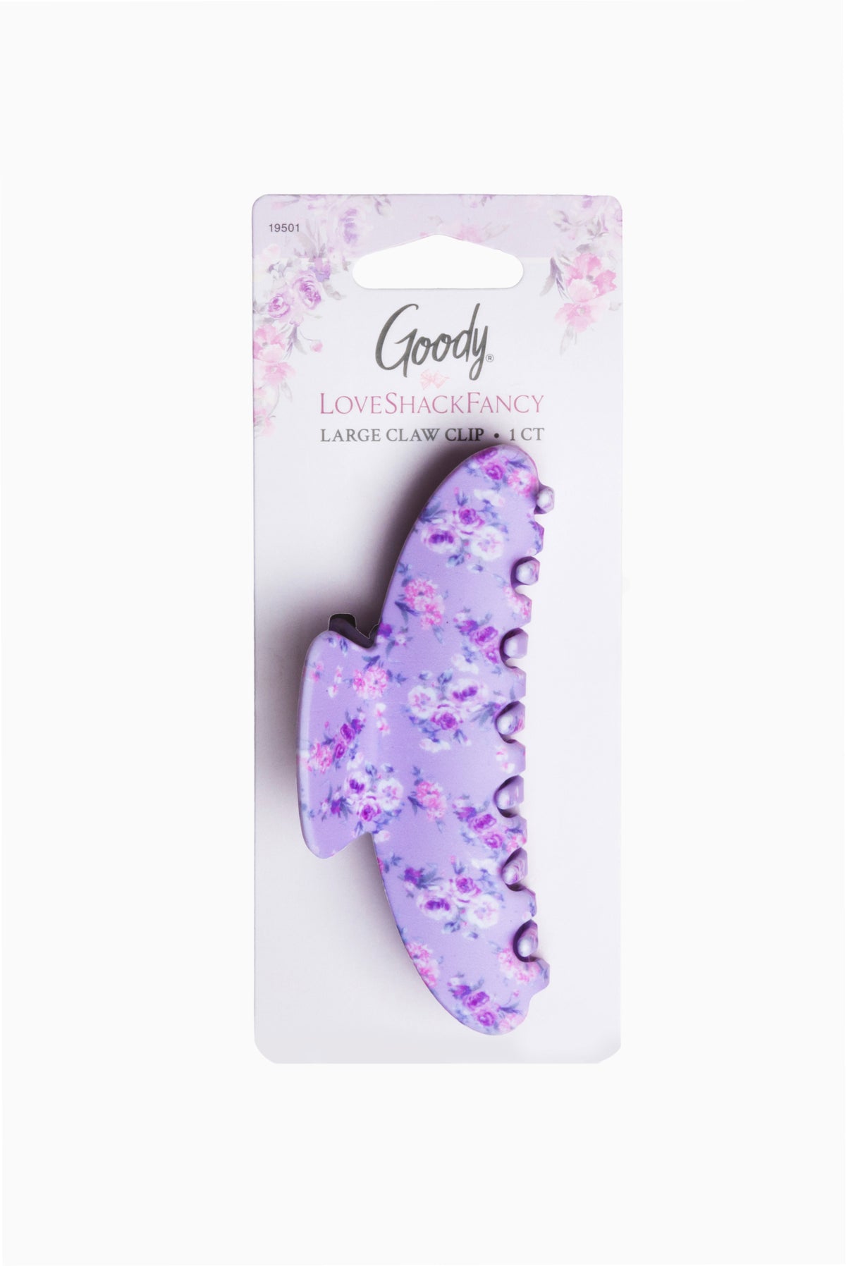 Large purple claw clip with floral confetti pattern