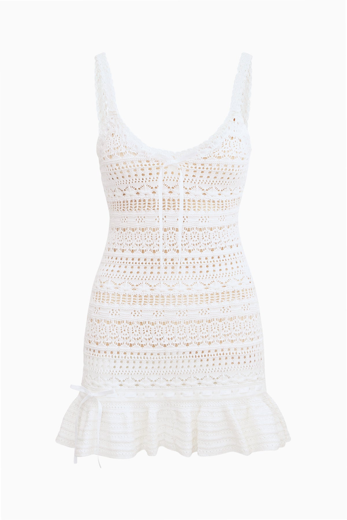 Off-white crochet mini dress flat lay, spaghetti straps, ruffled hem