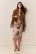 Tan suede fringe jacket with pointed collar and full-length hanging fringe on front and sleeves.