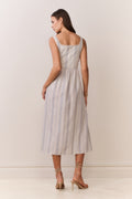 Light blue pinstripe cotton midi dress with scoop back, sleeveless bustier bodice