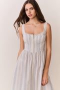 Light blue pinstripe cotton bustier midi dress bodice with square neckline and pleated waist