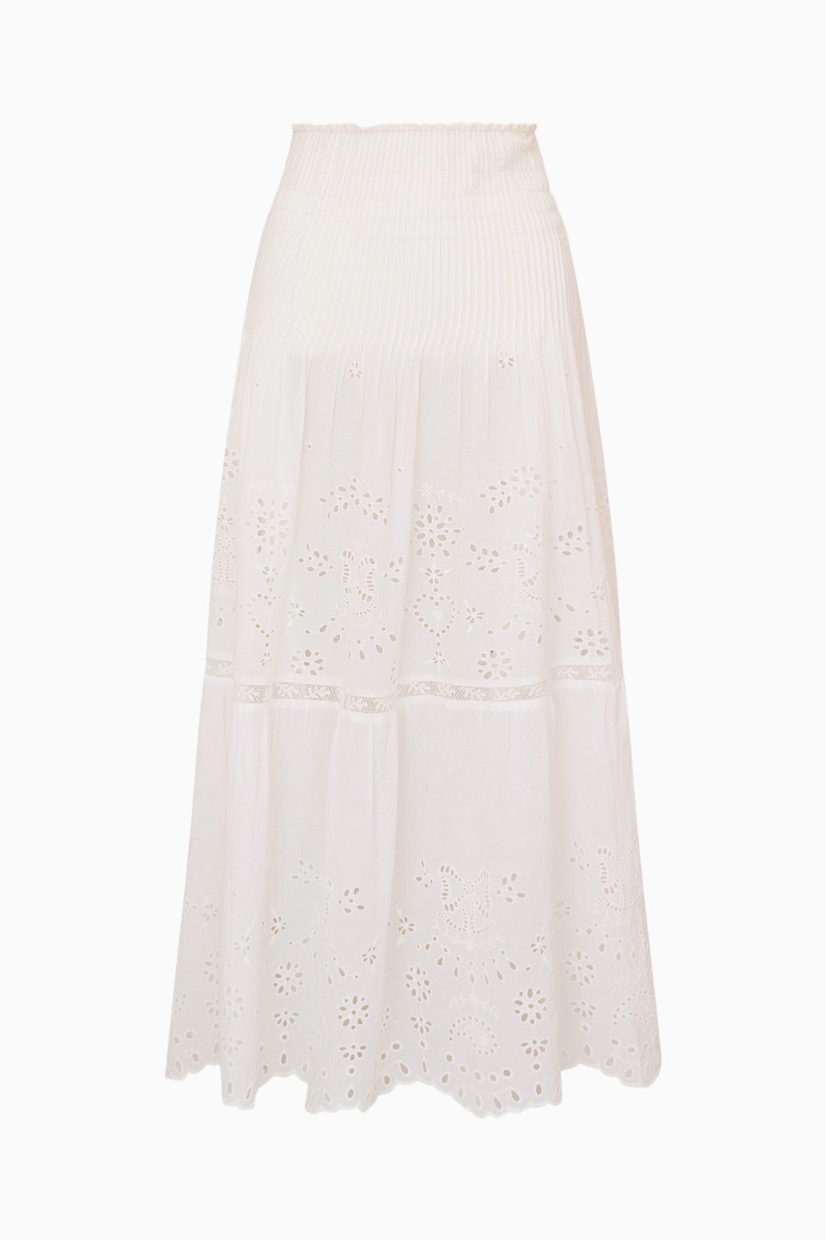 White cotton eyelet midi skirt with tiered panels and scalloped hem