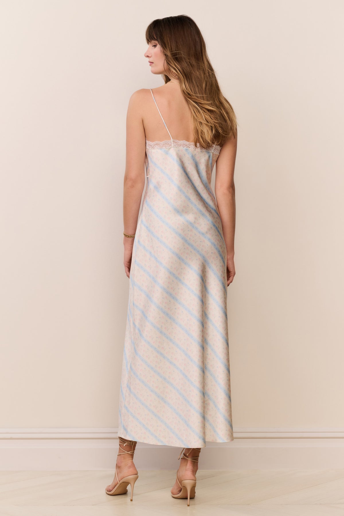 Light blue striped maxi dress shown from back, with lace-trim straps