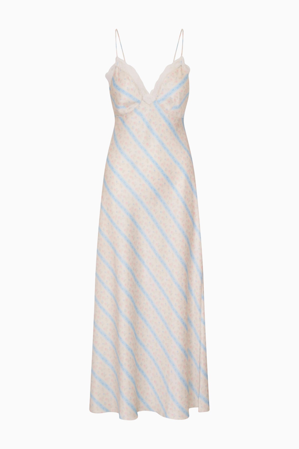 Light blue and white striped maxi slip dress with lace-trim V-neck and spaghetti straps
