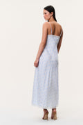 Light blue maxi slip dress with thin back straps and lace-trim edge, back view