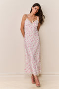 Maxi floral slip dress with lace V-neck, thin spaghetti straps, lace-trimmed hem