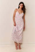Maxi slip dress with pink floral print, lace V-neck and lace-trimmed hem