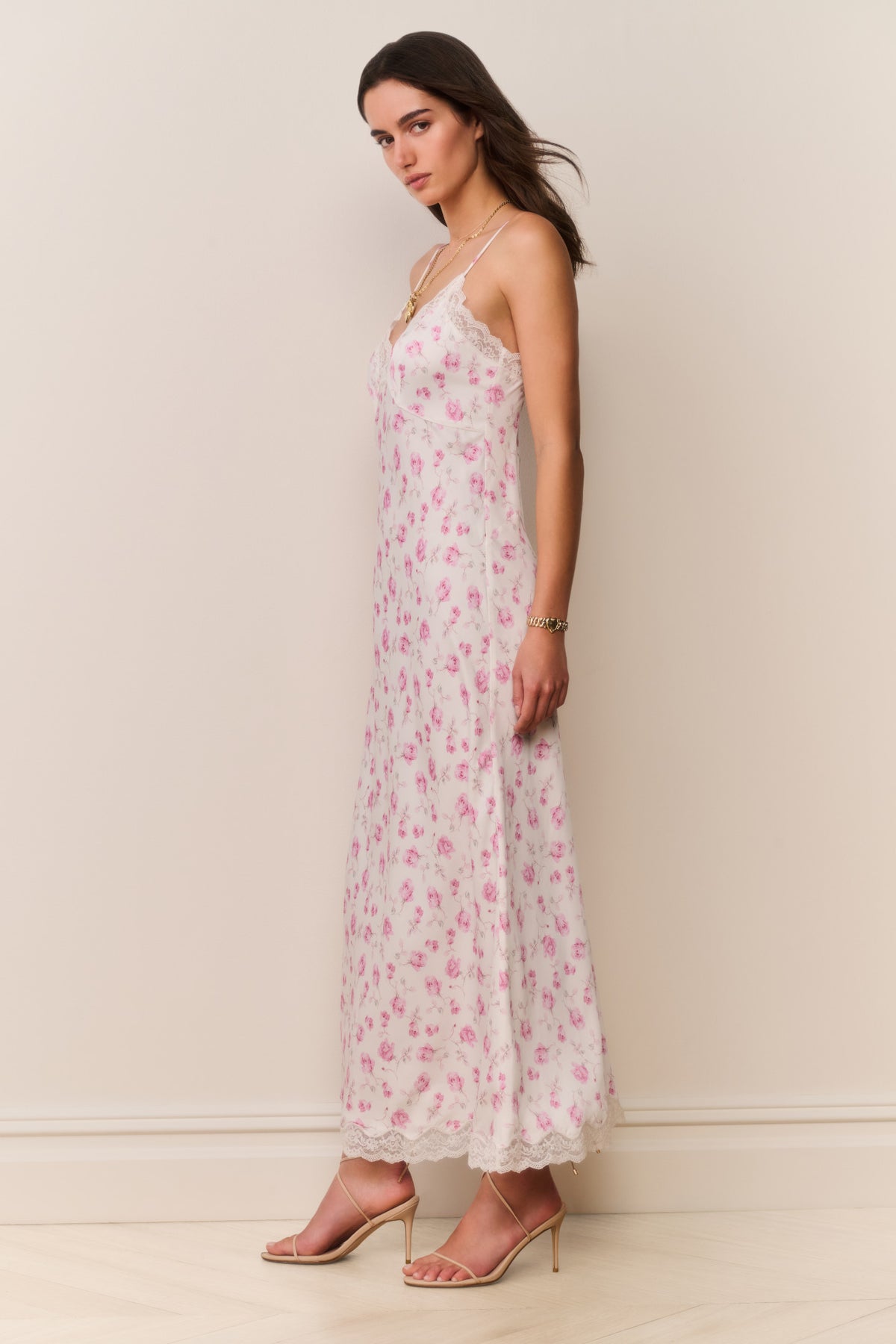 Maxi floral slip dress with lace-trim spaghetti straps and lace-edged hem
