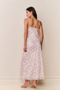 Maxi floral slip dress with open back, lace-trim spaghetti straps and lace hem