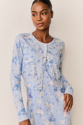 Light blue floral print cotton cardigan with button-front and long sleeves