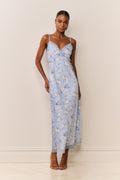 Blue floral maxi slip dress with lace V-neck and spaghetti straps, front view