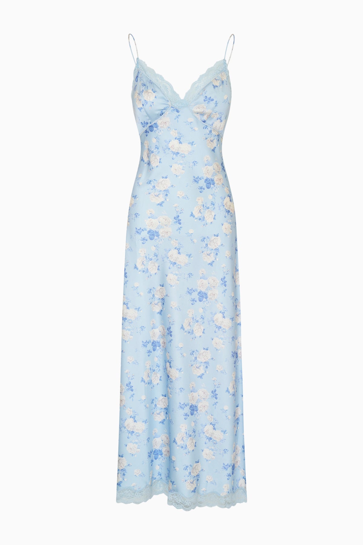 Blue floral maxi slip dress with lace V-neck and thin spaghetti straps