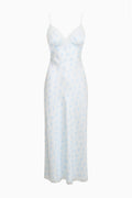 Light blue maxi slip dress with spaghetti straps and lace trim, sleeveless front