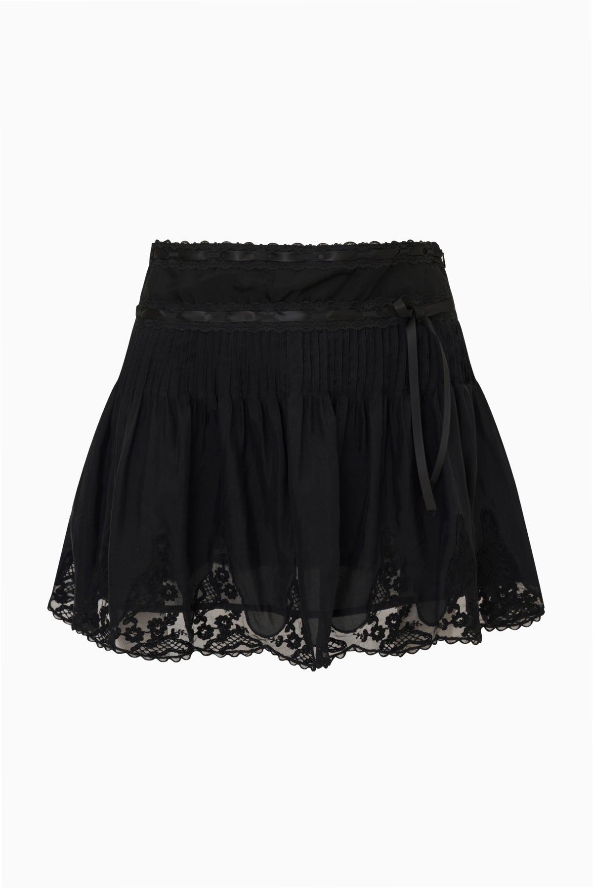 Black lace mini skirt, A-line tiered skirt with bow tie at waistband