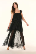 Black silk chiffon maxi dress with ruffled bodice, lace hem, and sheer tiered overlay
