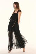 Black silk chiffon maxi dress with off-shoulder sleeves and gold chain waist detail