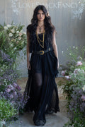 Black silk chiffon maxi dress with gold chain belt and lace-trim tiered skirt