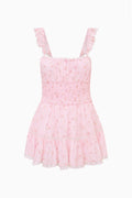 Pink floral cotton mini dress, sleeveless with ruffled shoulders and tiered hem
