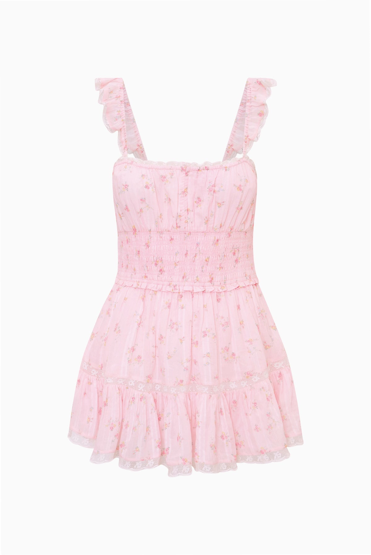 Pink floral cotton mini dress, sleeveless with ruffled shoulders and tiered hem