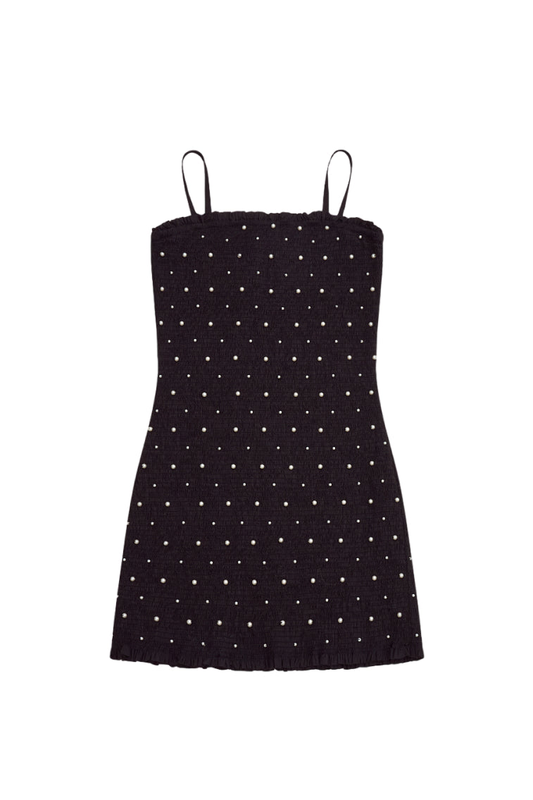 Girls' Marcado smocked dress in black with tiny white dots, spaghetti straps