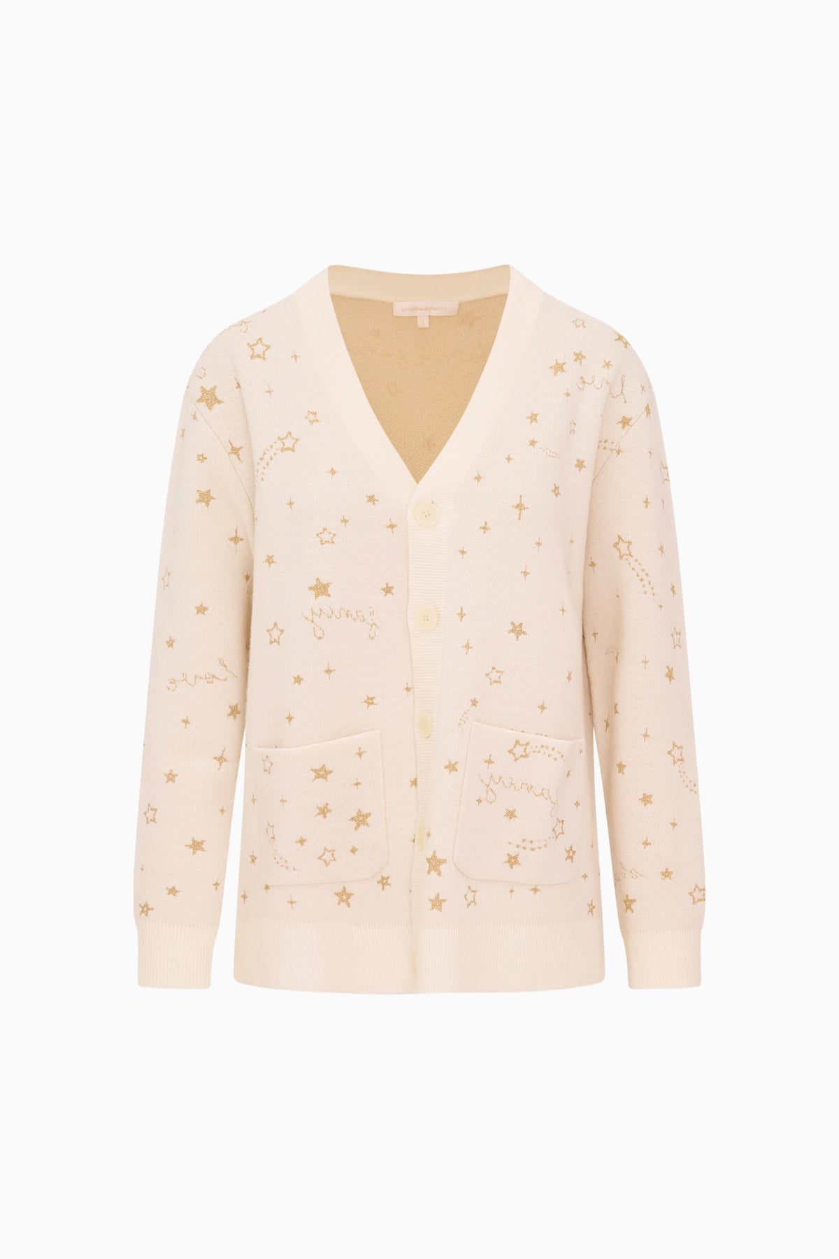 Cream wool jacquard cardigan with gold star pattern, flat lay, V-neck button front