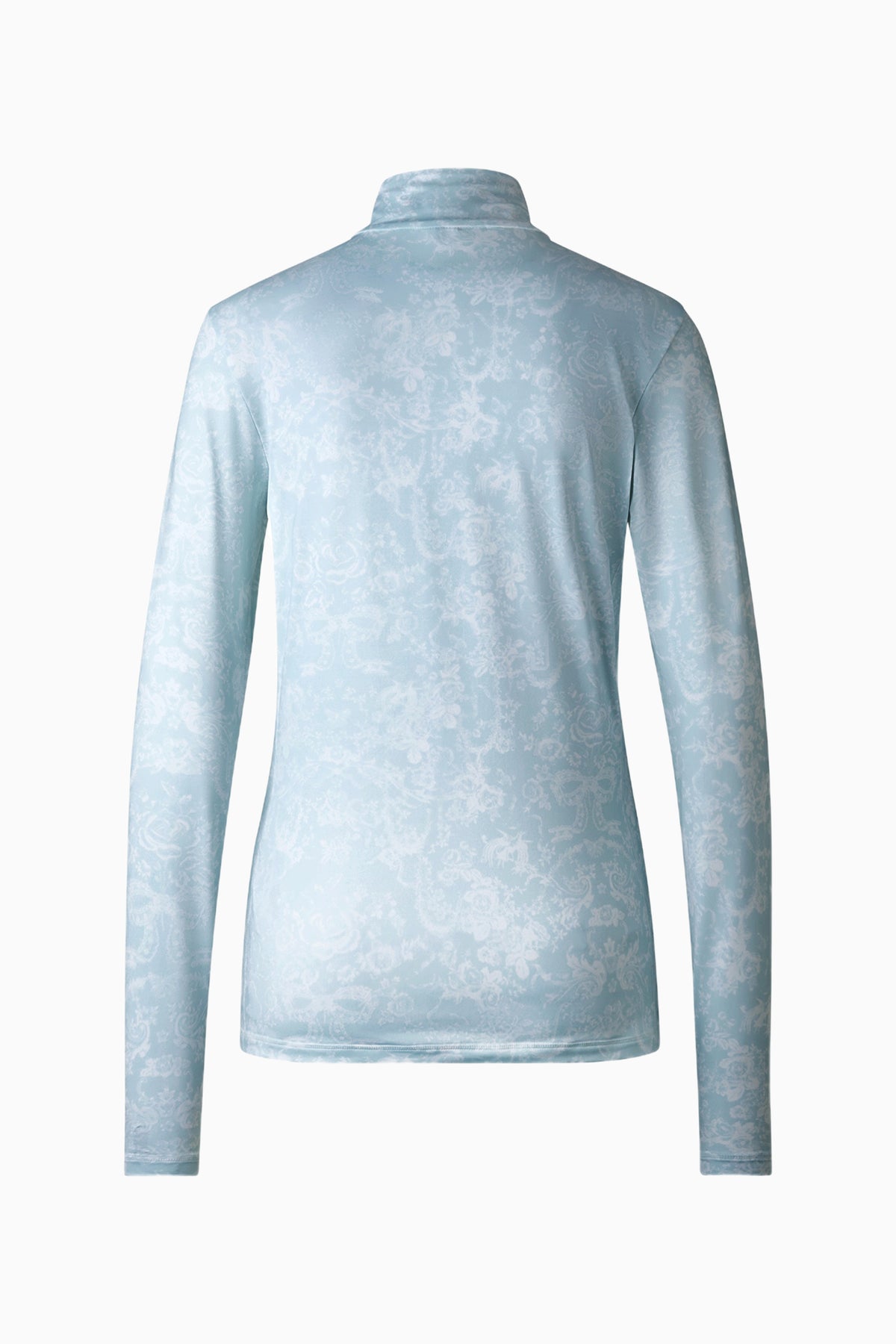 Women’s half-zip pullover in light blue with subtle allover pattern, long sleeves