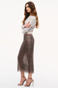 Pewter metallic lace midi skirt with straight silhouette and scalloped fringed hem